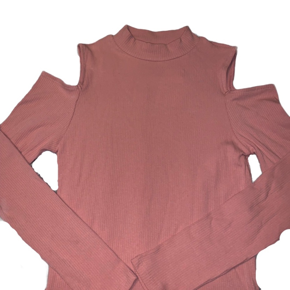 F21 Mauve Dusty Pink Ribbed Mock Neck Open-Shoulder Top